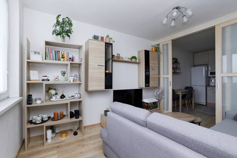 Living room in a 2-room apartment with built-in furniture and a floor with a wood decor.