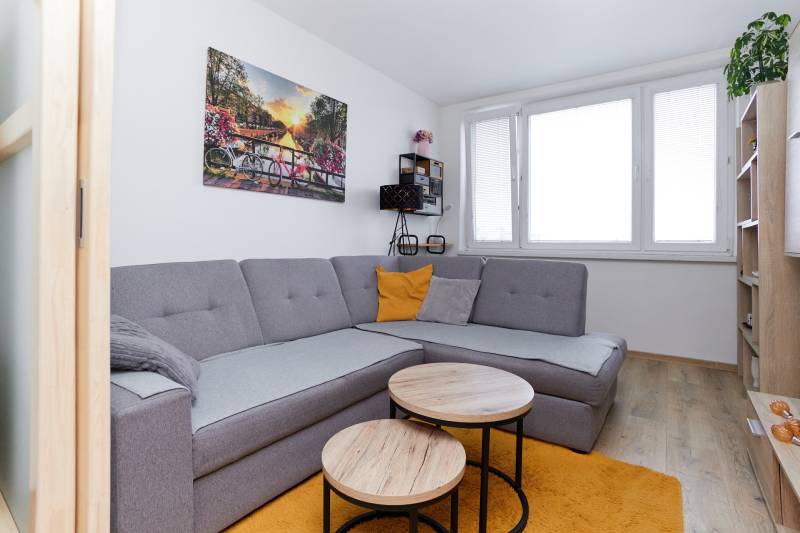 Living room of a two-room apartment with a corner sofa, wooden decor flooring, and a window.