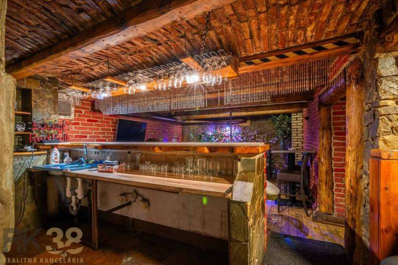 Stone bar with brick walls and a wood-patterned floor in a building.
