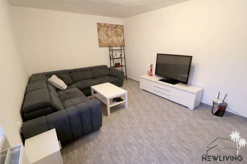 Living room in a family house with a large sofa, television, and a small table.