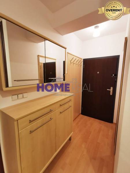 A hallway in a 2-room apartment with a wooden decor floor, a mirror, and a cabinet.