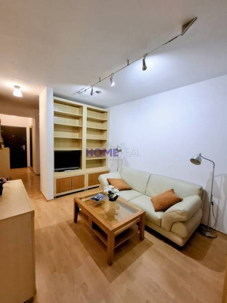 Living room in a two-room apartment with a cream sofa and a wooden decor floor.