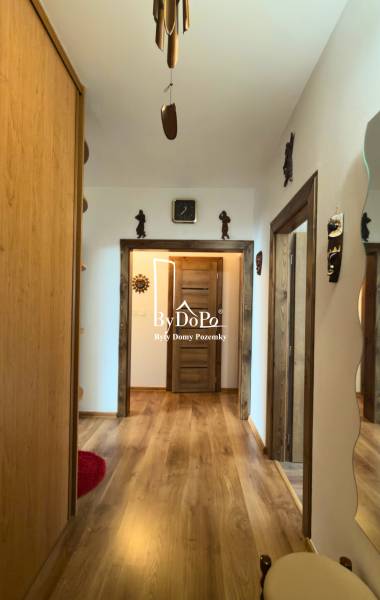 A hallway in a 3-room apartment with a wooden decor floor and wooden doors.
