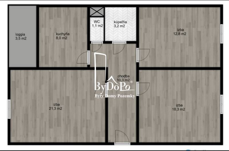 The floor plan shows the layout of a 3-room apartment with a loggia and flooring with a wooden decor.