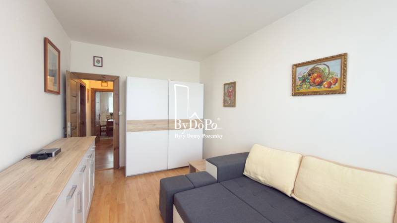 Living room with a sofa, wardrobe, and wooden decor flooring in a 3-room apartment.