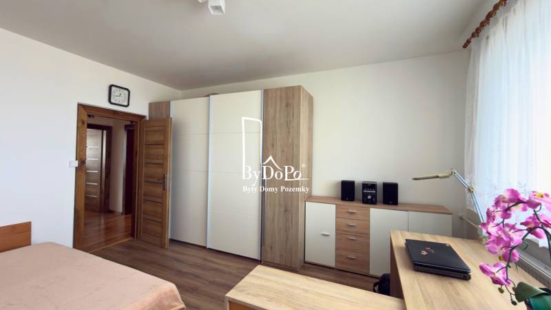 Bedroom with wood-patterned flooring, built-in wardrobe, and a plant in a 3-room apartment.