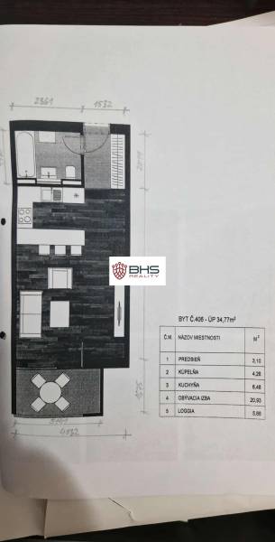 Floor plan of a one-bedroom apartment with a kitchen, bathroom, and living room.