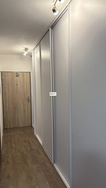 White built-in wardrobe and floor with wood decor in a studio apartment.