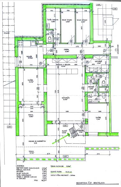 Floor plan of commercial spaces on Mozartova Street in Bratislava with a restaurant and storage areas.