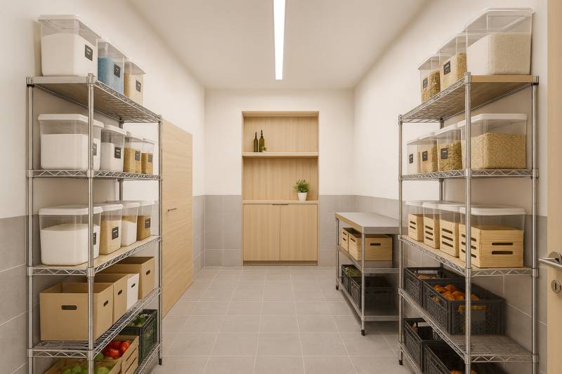 Storage spaces with metal shelves and stored food, floor with wooden decor.