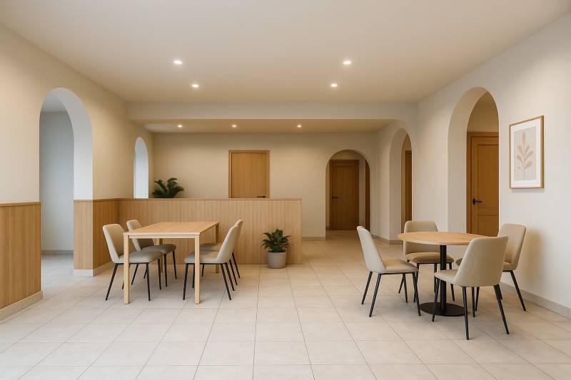 Gently lit commercial spaces with arches, furniture, and tiles, creating a pleasant environment.