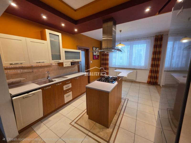 A kitchen in a 4-room apartment with a kitchen island and a wooden decor floor.