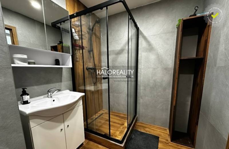 Bathroom in a studio apartment with a glass shower enclosure, sink, and floor with a wooden decor.