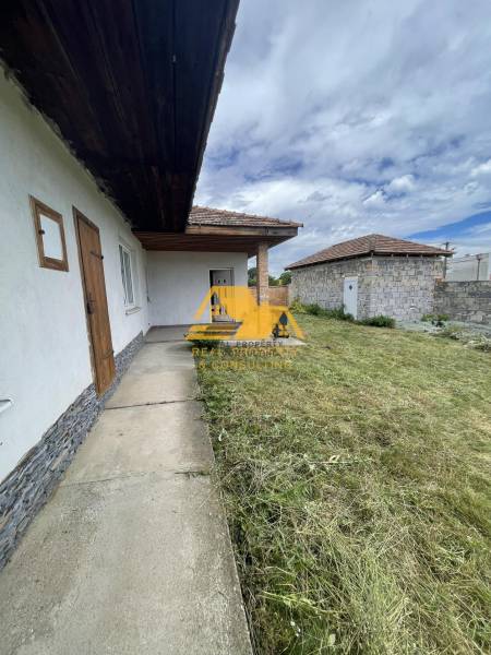 A family house on Svodin Street in Svodín with a grassy yard and a stone wall.