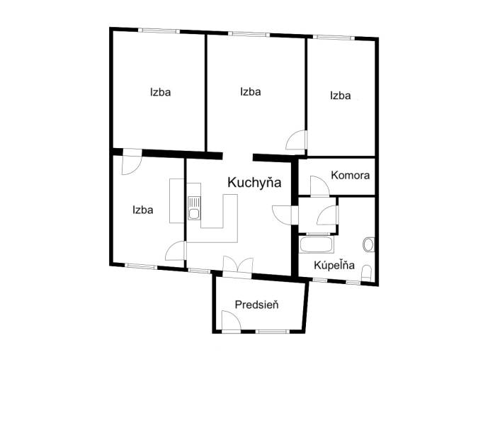 Floor plan of a family house with four rooms, a kitchen, a bathroom, and a pantry.