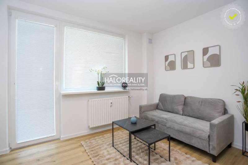 Living room in a one-bedroom apartment with a sofa, coffee tables, and a wooden decor floor.