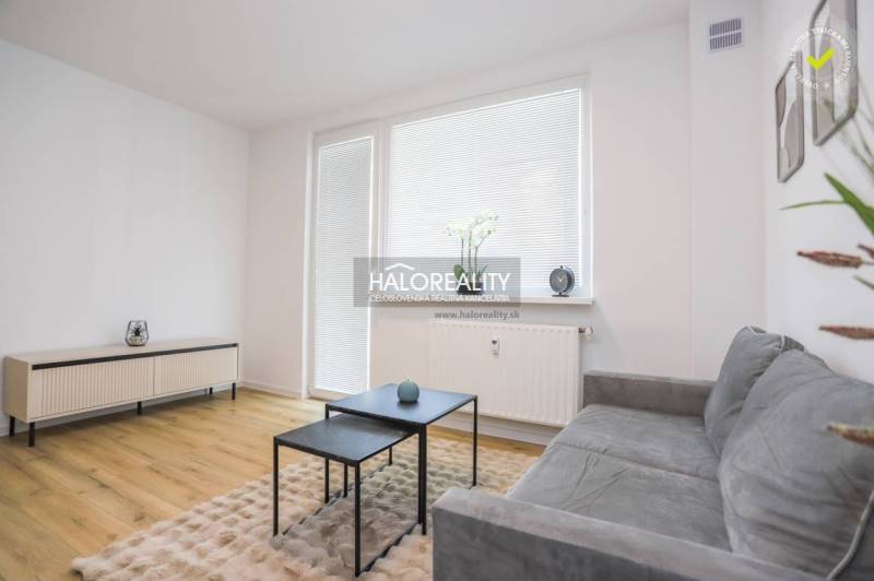 Living area in a studio apartment with a sofa and wood-patterned flooring.