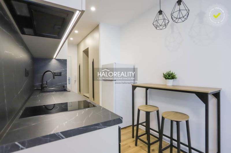 A kitchen corner with a black countertop and a bar counter in a studio apartment.