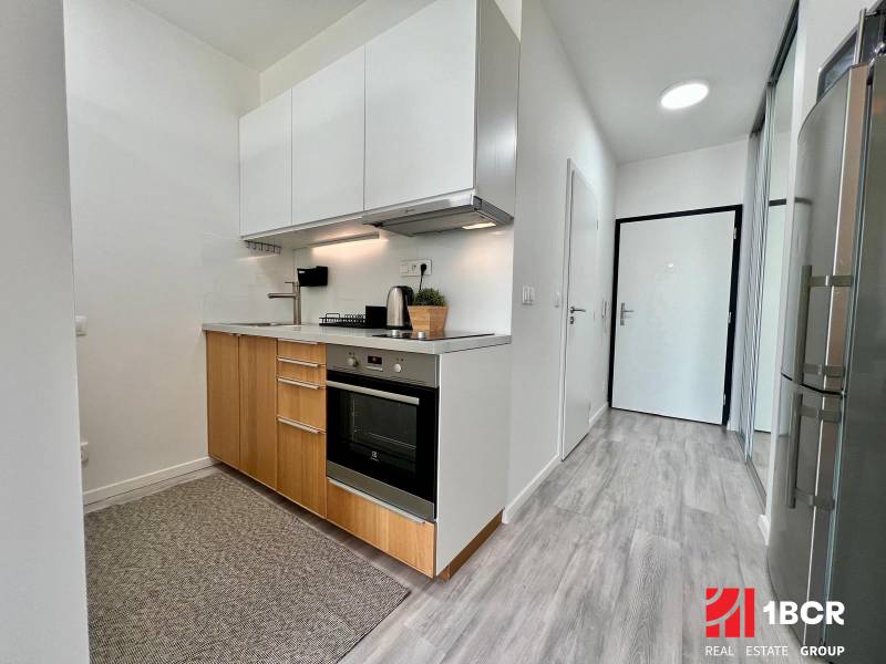 A kitchen in a studio apartment with a wood-patterned floor and white cabinets.