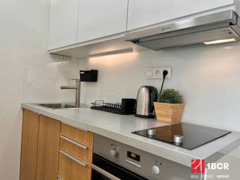 Kitchen unit in a studio apartment with a wood decor and appliances.