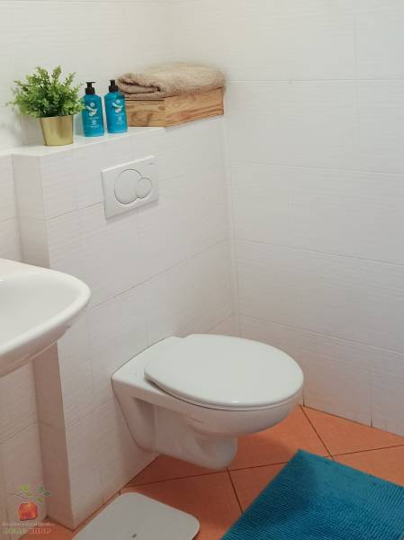 Bathroom with toilet, light tiles, and decorative details in a 3-room apartment.