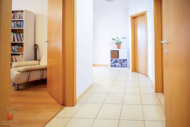 A hallway in a 3-room apartment with tiles, wooden decor, and a plant on a shelf.