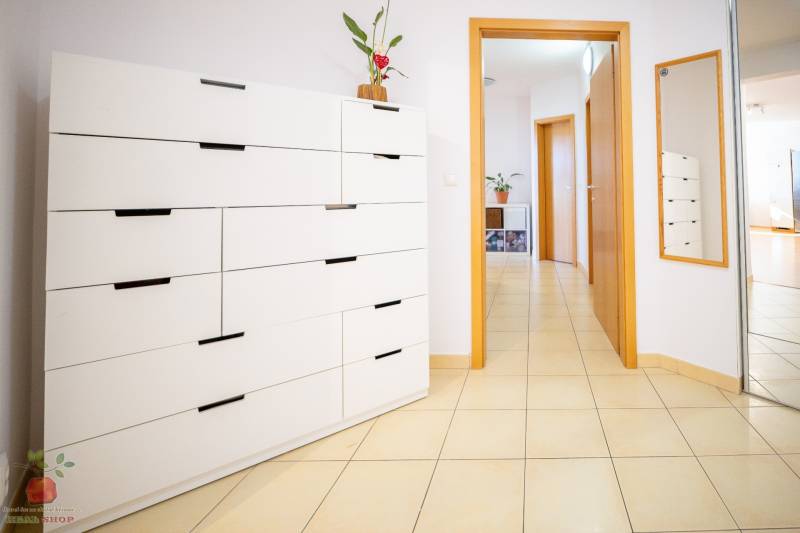 A hallway with a white dresser, built-in mirror, and tiles in a 3-room apartment.
