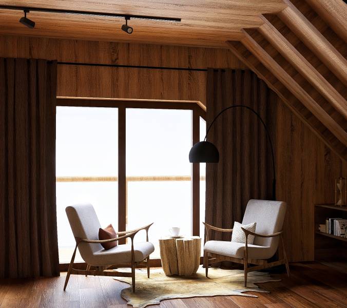 Interior with two chairs, a lamp, and a wooden-patterned floor. House construction.