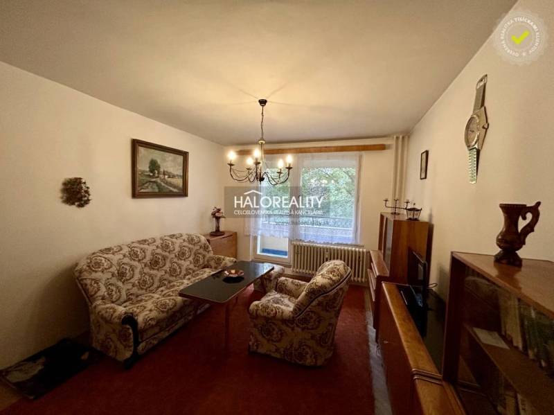 Living room in a 4-room apartment with comfortable furniture, a picture, a chandelier, and a view.