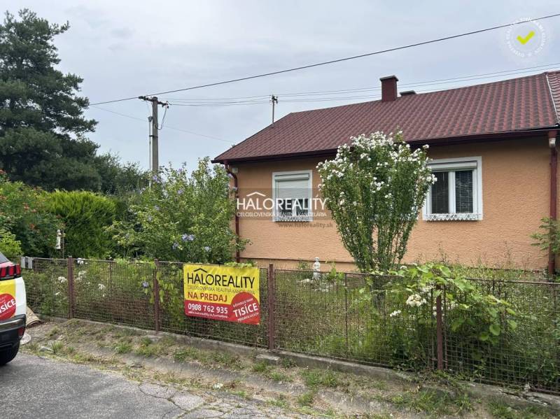The photograph shows a family house for sale, surrounded by a green garden and a fence.