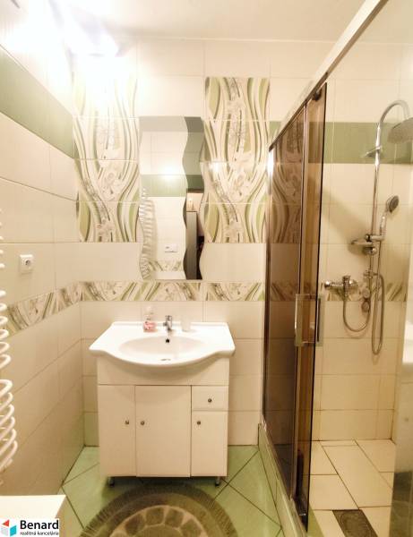 A bathroom in a 3-room apartment with a floor in green and white decor and a shower corner.