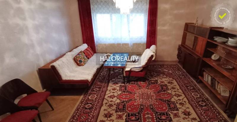 Living room with a red carpet, wooden wall unit, sofa, armchair, and cushions in a family house.