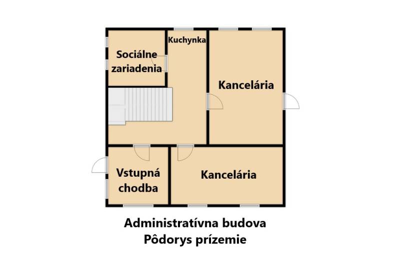 The ground floor plan of the administrative building includes an entrance hallway, a kitchenette, and offices.