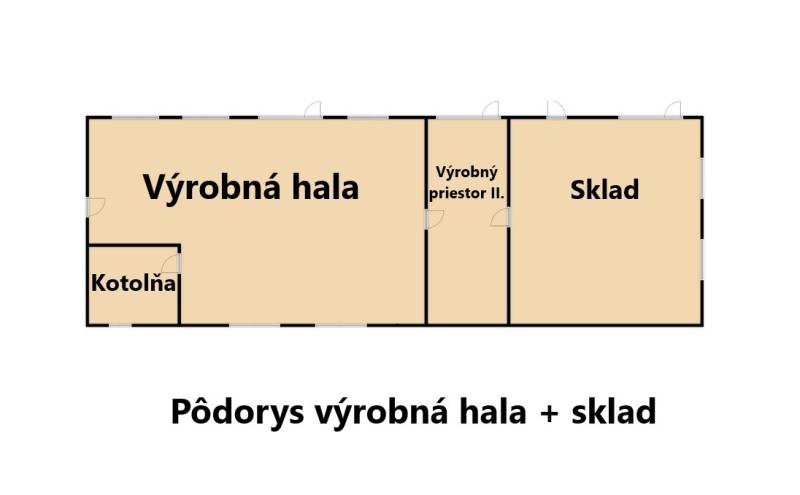 A floor plan showing production facilities with a hall, boiler room, and warehouse.