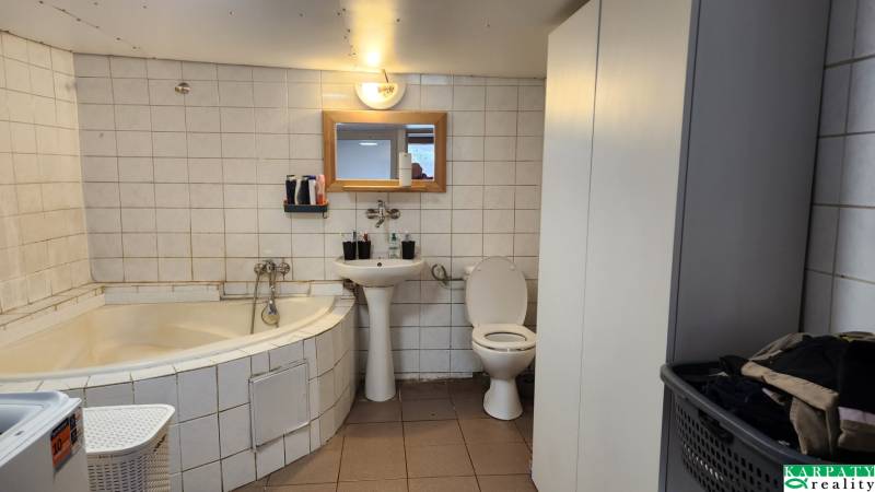 A bathroom in a family house with a shower, toilet, and storage space.