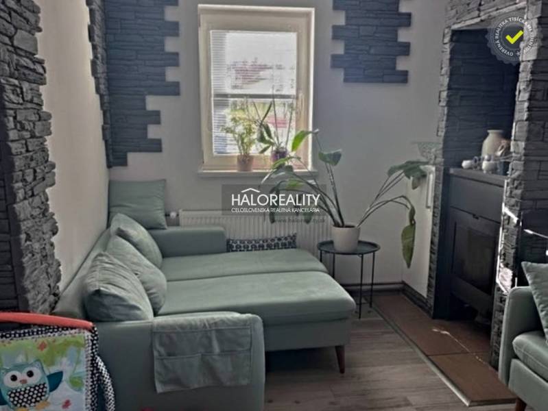 Living room with a green sofa, fireplace, and decorative stone, 4-room apartment.