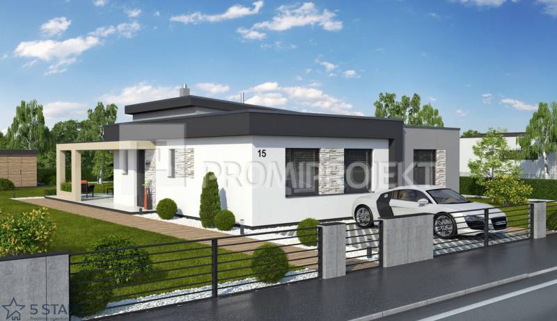 A family house in Štvrtok with a landscaped garden and a garage.