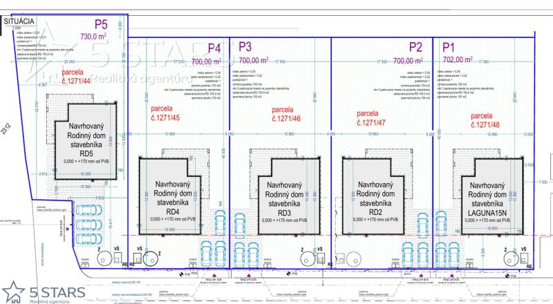 Plan of residential housing development in Trenčín with marked plots and house designs.