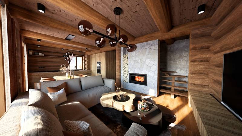 Interior with a fireplace, wooden-patterned flooring, a comfortable sofa, and an unconventional table.