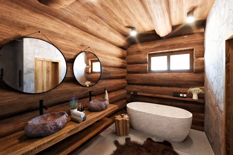 Bathroom made of wood, stone sinks, bathtub, mirrors; House construction.