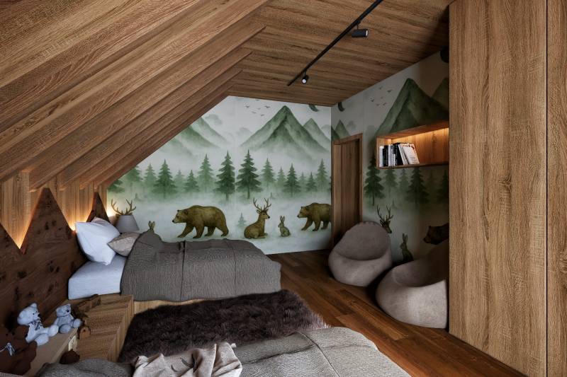 Interior with a forest theme, wooden decor flooring, comfortable relaxation area.