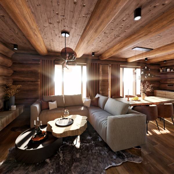 Interior with a comfortable sofa, wooden ceiling, and floor with a wood decor. House construction.