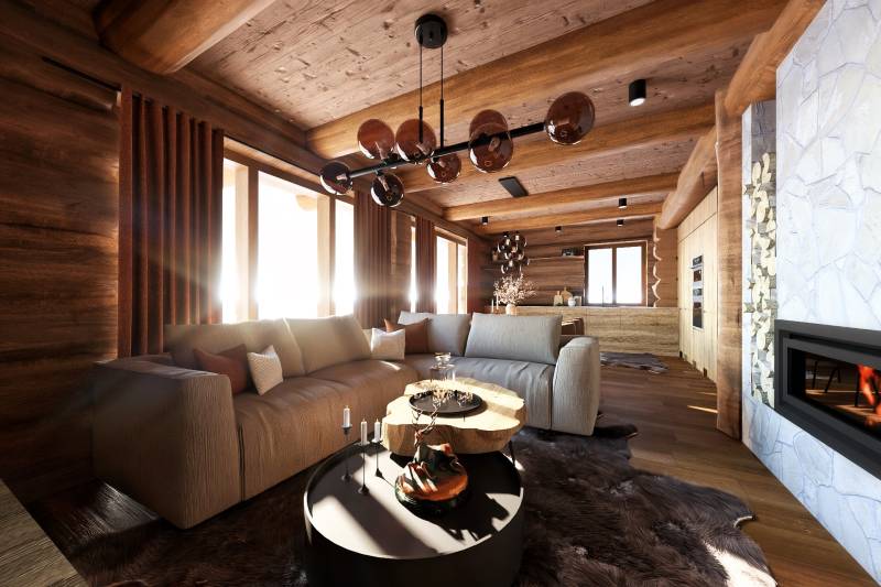 Rustic living space with a fireplace and wood-patterned flooring in a house under construction.