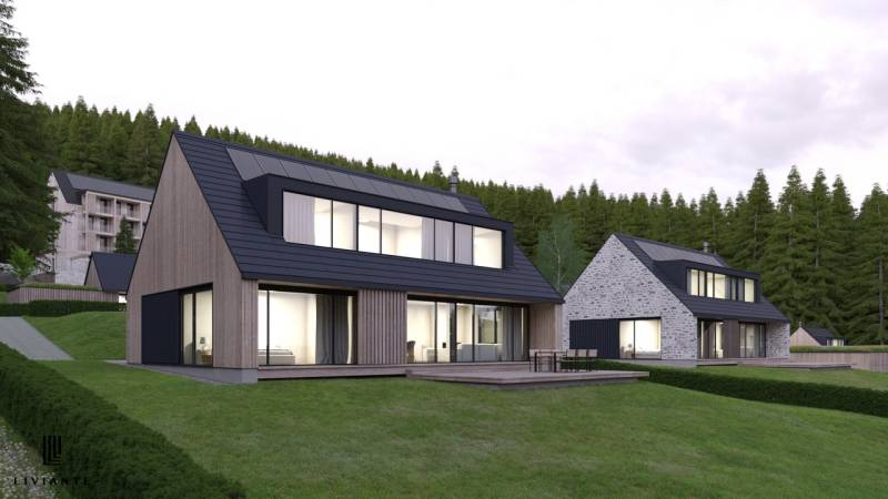 Design houses with sloped roofs and large windows in development plots in Tajov.
