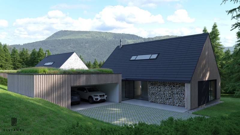 Modern architecture of a house with wooden cladding in the picturesque setting of development plots in Tajov.