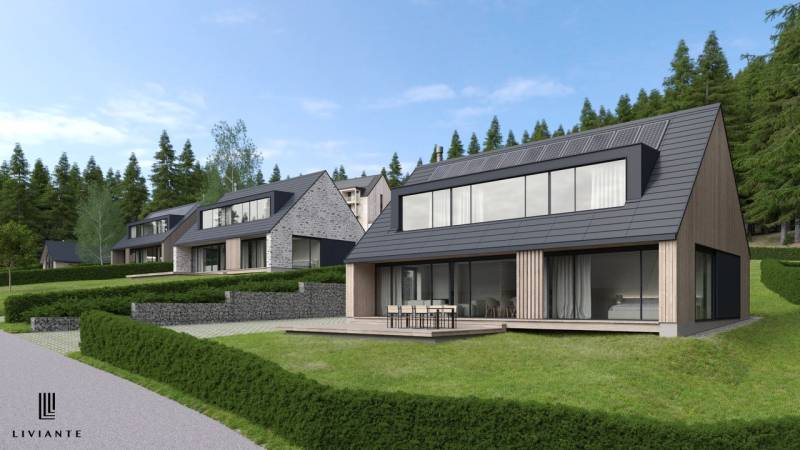 Visualization of modern houses on development plots in Tajov surrounded by forest.