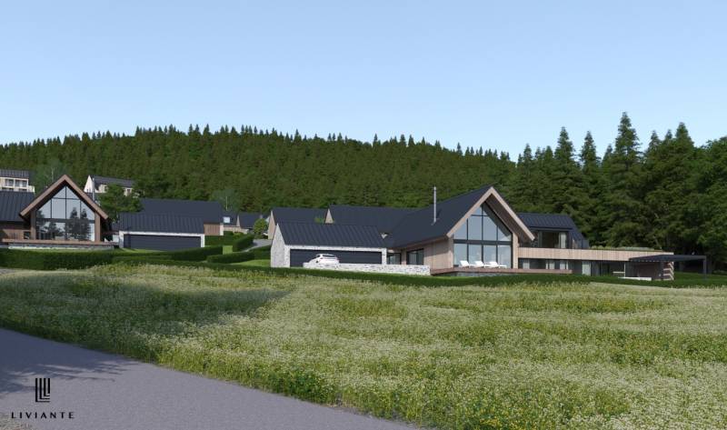 Development plots in Tajov with modern houses, surrounded by nature and forests.