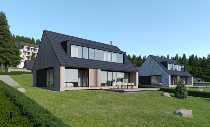 Visualization of development plots in Tajov with modern houses set in a natural environment.
