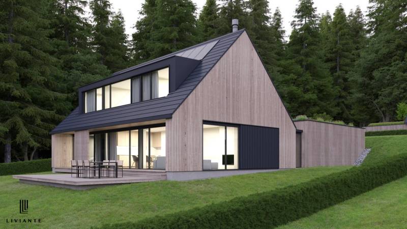Wooden structure with a glass terrace in a forest environment in Tajov. Development plots.