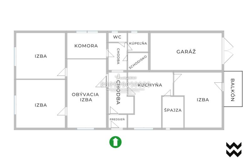 The floor plan of the family house in Zavar on Hlavná includes rooms, a garage, and a balcony.